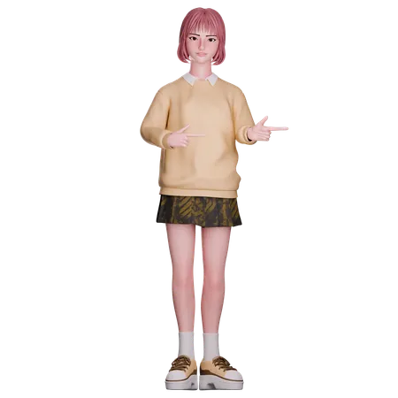 Cute Girl Pointing Right Side  3D Illustration