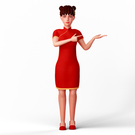 Cute girl pointing something in left  3D Illustration