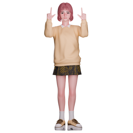 Cute Girl Pointing Up  3D Illustration