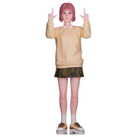 Cute Girl Pointing Up  3D Illustration