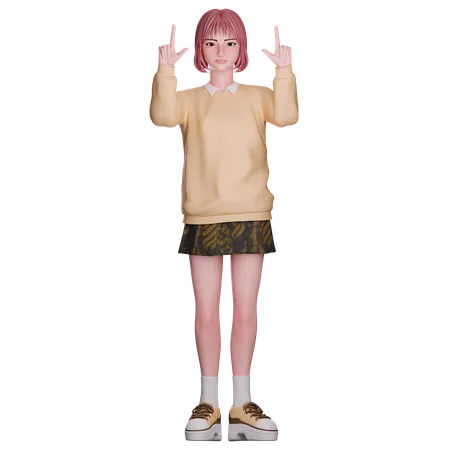 Cute Girl Pointing Up  3D Illustration