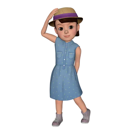 Cute Girl Putting Hand On Hat  3D Icon