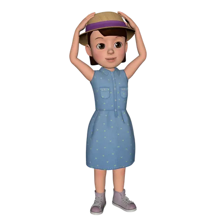 Cute Girl Putting Hand On Hat  3D Illustration