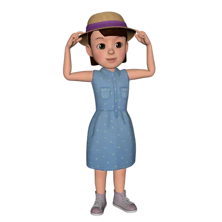 Cute Girl Putting Hand On Hat  3D Illustration