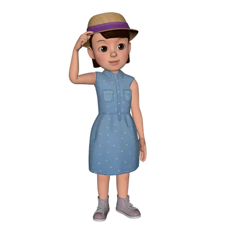 Cute Girl Putting Hand On Hat  3D Illustration