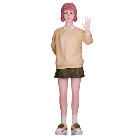 Cute Girl Raised Hand  3D Illustration