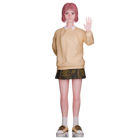 Cute Girl Raised Hand  3D Icon
