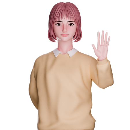 Cute Girl Raised Hand  3D Illustration