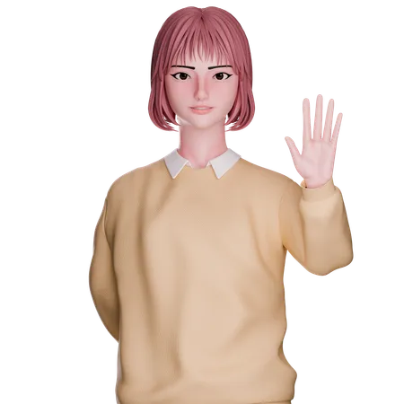 Cute Girl Raised Hand  3D Illustration