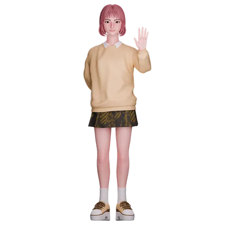 Cute Girl Raised Hand  3D Illustration