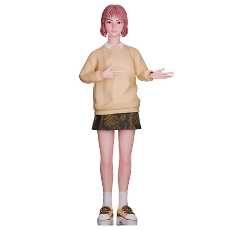 Cute Girl Showing And Pointing Left Side  3D Illustration