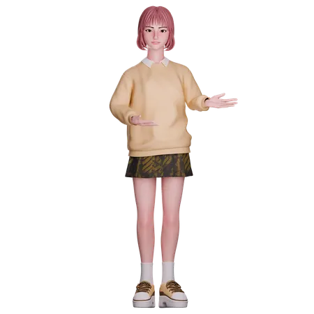 Cute Girl Showing And Pointing Right Side  3D Illustration