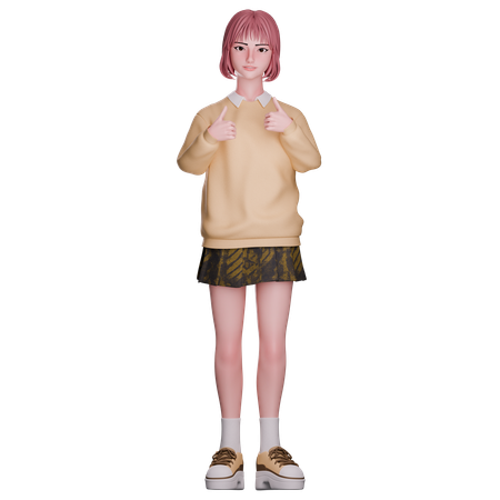 Cute Girl Showing Double Thumbs Up  3D Illustration
