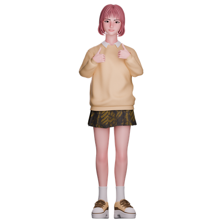 Cute Girl Showing Double Thumbs Up  3D Illustration