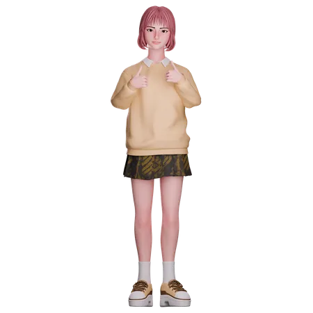 Cute Girl Showing Double Thumbs Up  3D Illustration