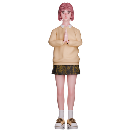 Cute Girl Showing Folded Hand  3D Illustration