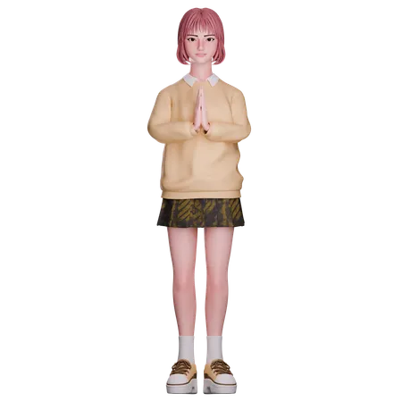 Cute Girl Showing Folded Hand  3D Illustration