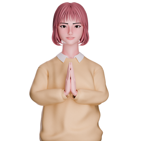 Cute Girl Showing Folded Hand  3D Icon