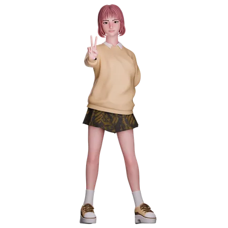 Cute Girl Showing Peace Hand  3D Illustration