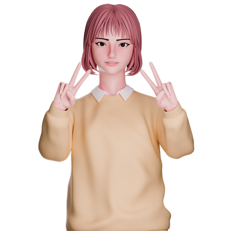 Cute Girl Showing Peace Hand  3D Illustration