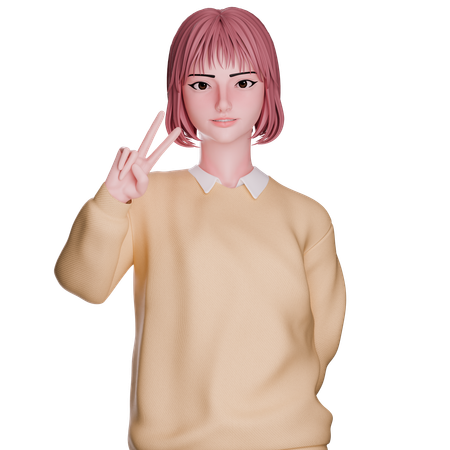 Cute Girl Showing Peace Hand  3D Icon