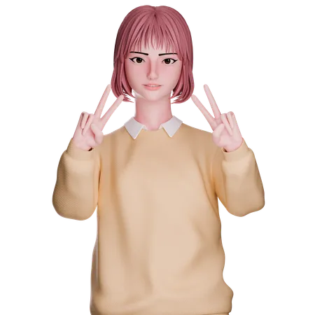 Cute Girl Showing Peace Hand  3D Illustration