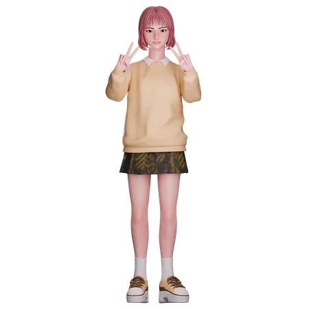 Cute Girl Showing Peace Hand  3D Illustration