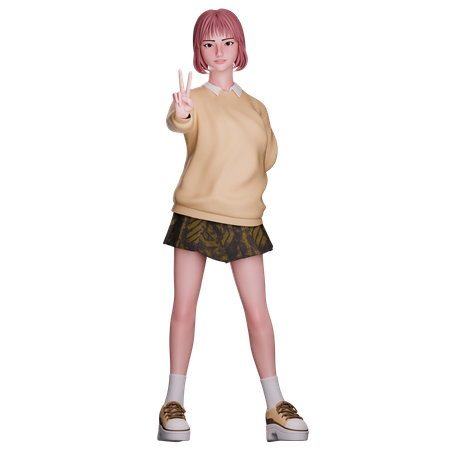 Cute Girl Showing Peace Hand  3D Illustration