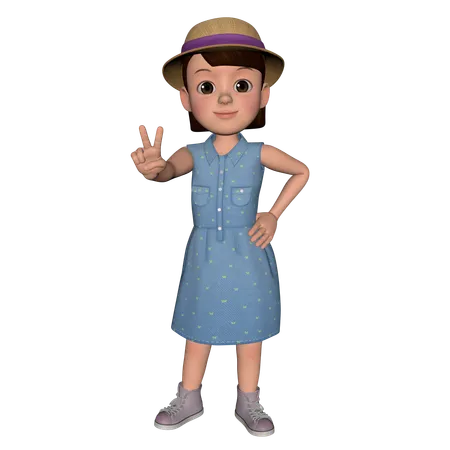 Cute Girl Showing Peace Sign Using Left Hand  3D Icon