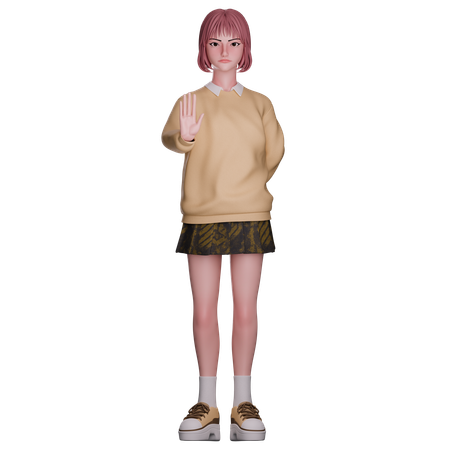 Cute Girl Showing Stop Gesture  3D Illustration