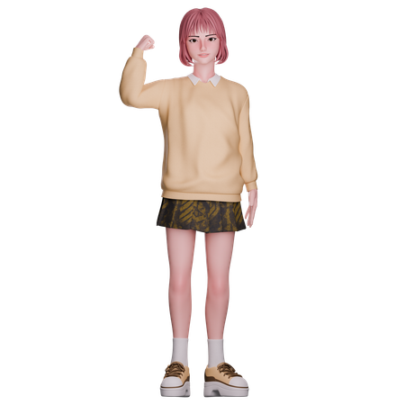 Cute Girl Showing Strong Arm  3D Illustration