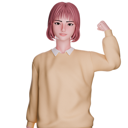 Cute Girl Showing Strong Arm  3D Illustration