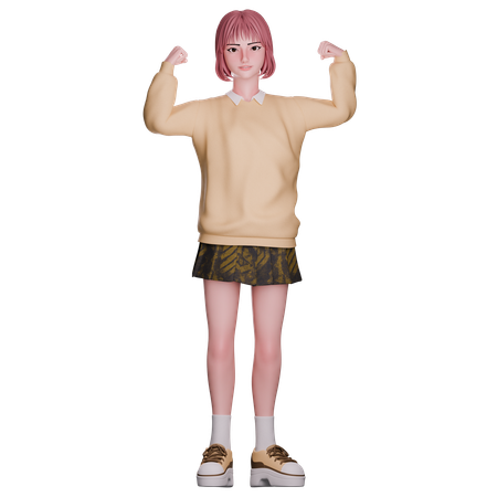 Cute Girl Showing Strong Hand  3D Illustration