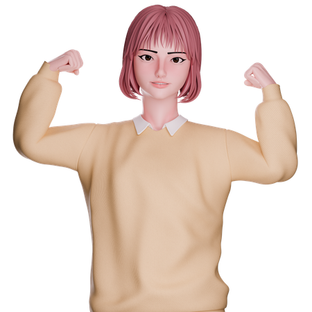 Cute Girl Showing Strong Hand  3D Illustration