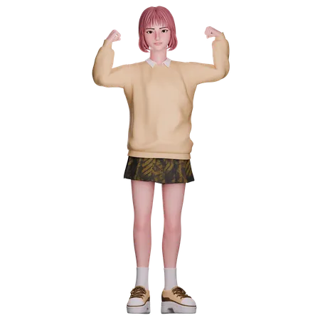 Cute Girl Showing Strong Hand  3D Illustration