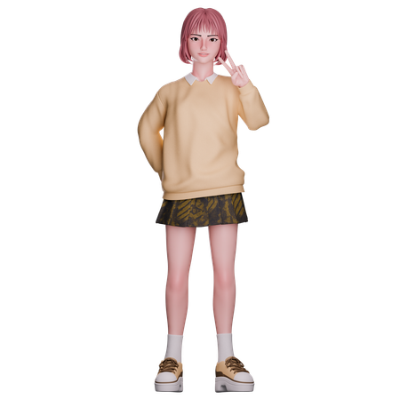 Cute Girl Showing Victory Pose  3D Illustration