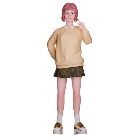 Cute Girl Showing Victory Pose  3D Illustration