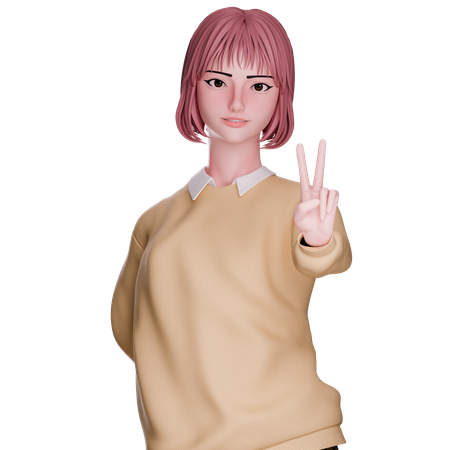 Cute Girl Showing Victory Pose  3D Illustration