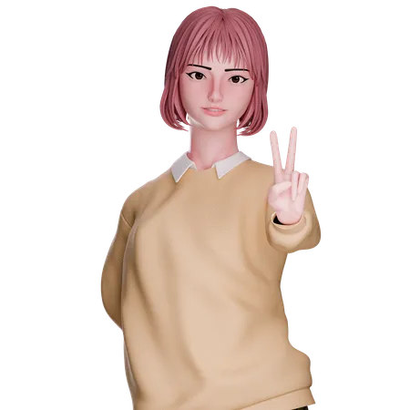 Cute Girl Showing Victory Pose  3D Illustration