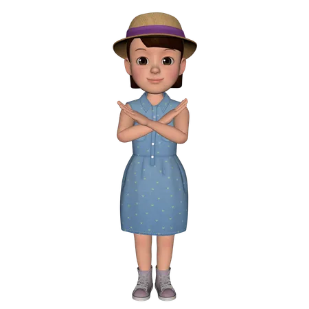 Cute Girl Standing With Cross Hands  3D Icon