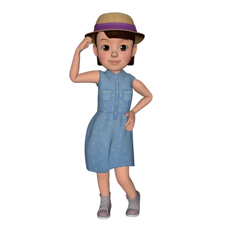 Cute Girl Standing With Hat  3D Icon