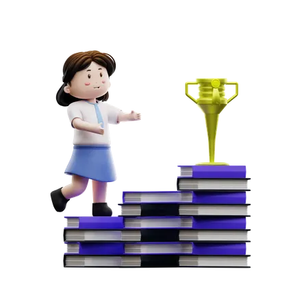 Cute girl student climbing book ladder with trophy 3D Illustration