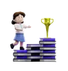 Cute girl student climbing book ladder with trophy