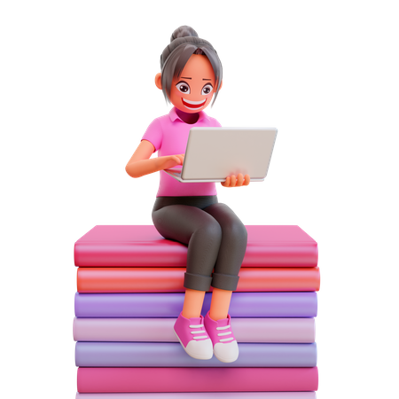Cute girl studying in laptop  3D Icon