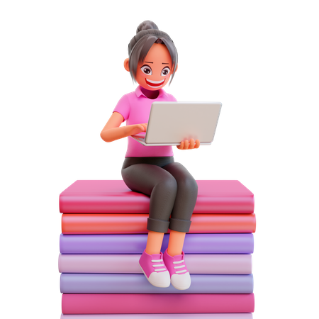 Cute girl studying in laptop 3D Illustration