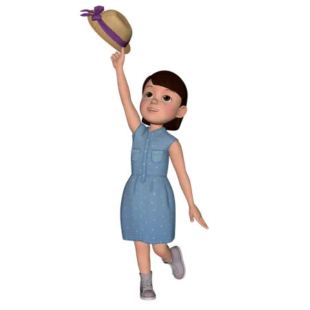 Cute Girl Walking With Hat  3D Icon