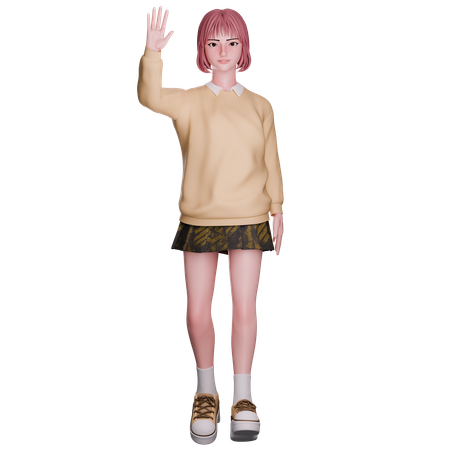Cute Girl Waving Hand  3D Illustration