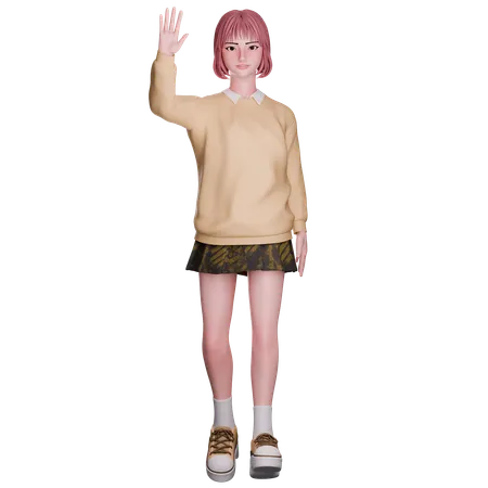 Cute Girl Waving Hand  3D Illustration