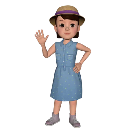 Cute Girl Waving Hand  3D Illustration