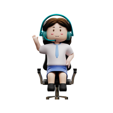 Cute girl wearing headset and sit on chair 3D Illustration